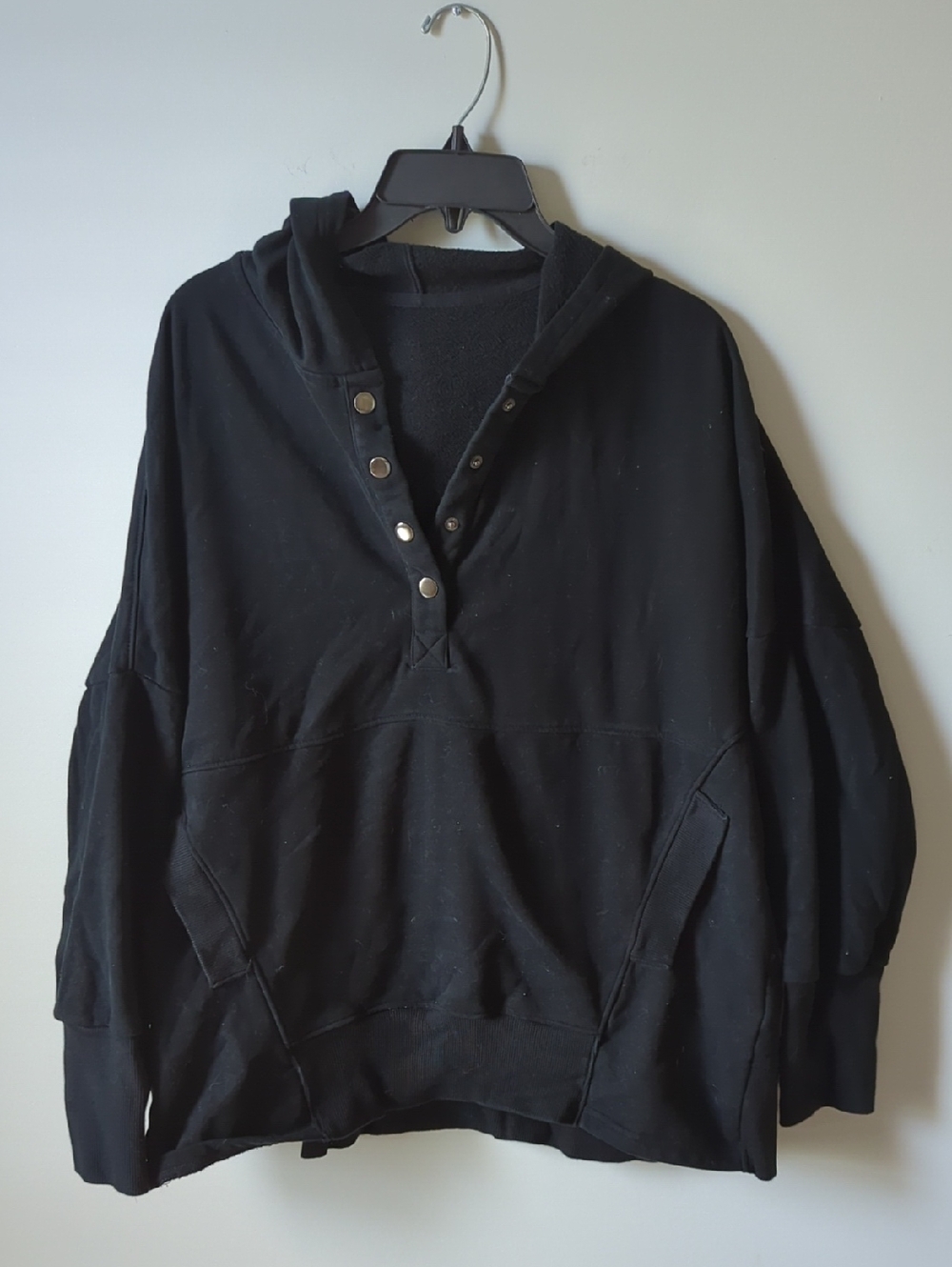 Women's Black Hooded Pullover Shirt - Classic Snap Placket